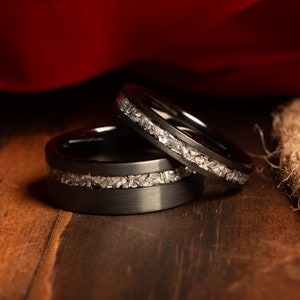 COUPLES BLACK METEORITE Rings, His and Hers Wedding Rings, Black Meteorite Wedding Band, Wedding Ring Set, Real Meteorite Ring