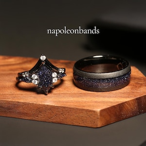 Nebula Galaxy Ring Set, His Her Starry Night Wedding Band, Personalized, Matching Couple Ring, Sandstone, Black Tungsten, 925 Silver