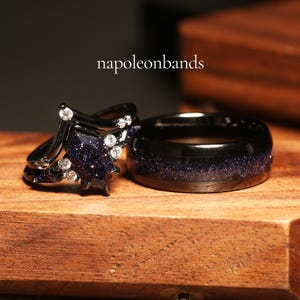 Rift Nebula Ring Set, His Her Starry Night Wedding Band, Personalized, Matching Couple Ring, Sandstone, Black Tungsten, 925 Silver
