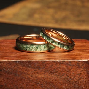 Moss Agate Couples Rings Set Rose Gold Wedding Band Moss agate Wedding rings Moss Agate his and hers wedding bands anniversary ring 6mm 4mm