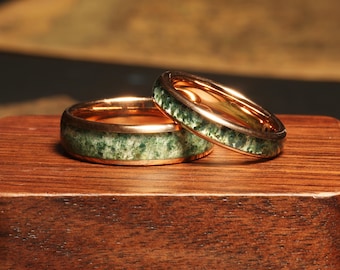 Moss Agate Couples Rings Set Rose Gold Wedding Band Moss agate Wedding rings Moss Agate his and hers wedding bands anniversary ring 6mm 4mm
