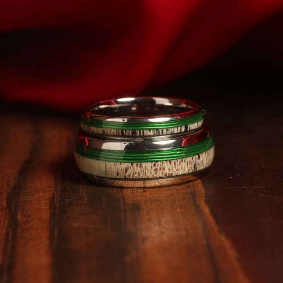 COUPLES Deer ANTLER Green Fishing Line WEDDING Rings His and Hers Silver  Wedding Bands, Rings Matching Wedding Rings Couples Ring Set 