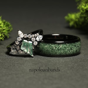 Green Moss Agate Ring Set, His and Hers Wedding Band, Black Ring Set, Matching Nature Couples Ring, Black Plated Tungsten and 925 Silver