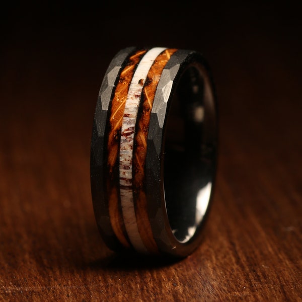 The Adventurer - Burnt Whiskey Barrel Ring and Deer antler wedding Ring Mens Whisky barrel band Unique Wedding band, Men's wedding band 8mm