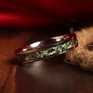 Green Moss Agate Ring, Silver Tungsten Ring, Mens Wedding Ring, Womens Wedding Band, Anniversary Ring, Engagement Ring, Promise Ring,4mm 8mm