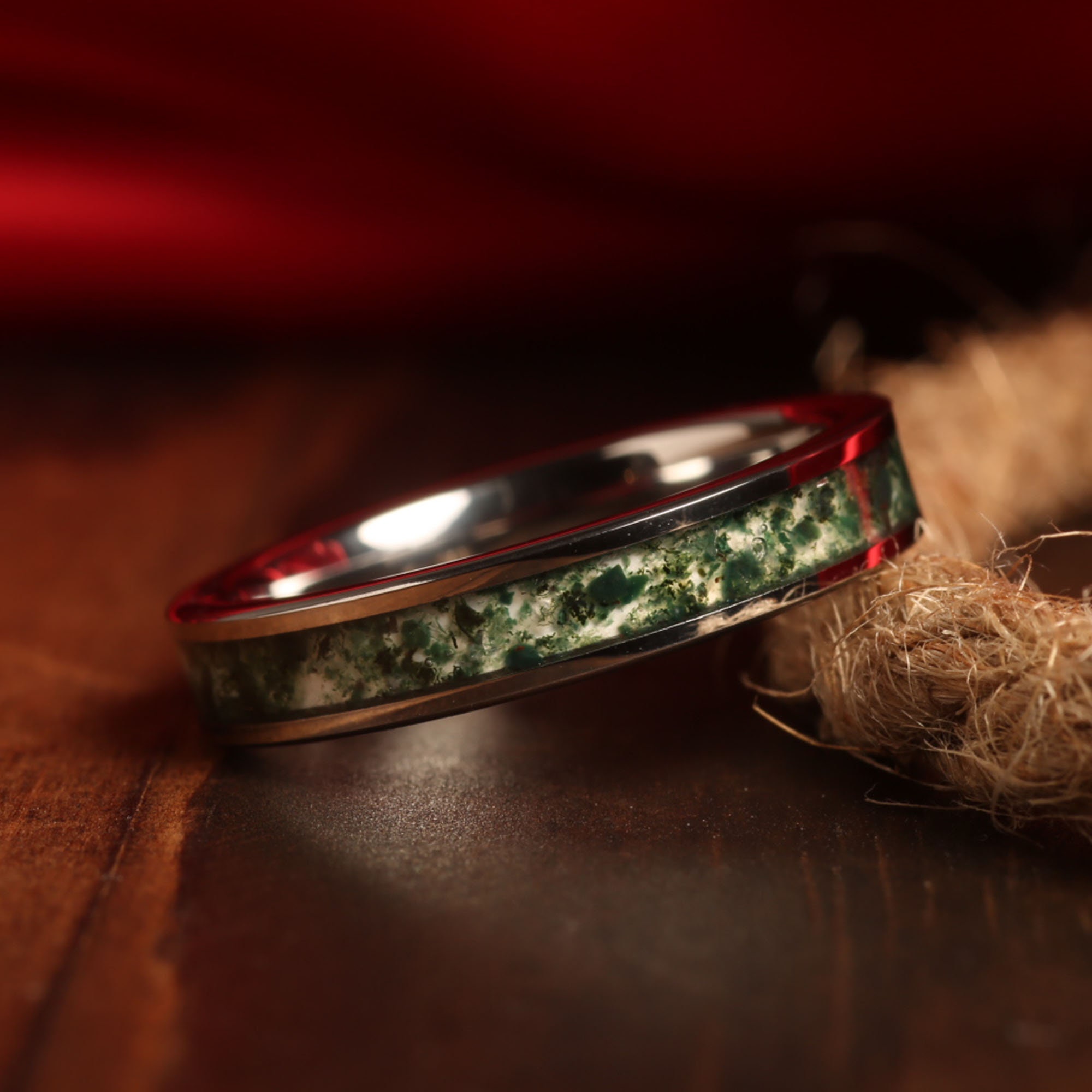 Green Moss Agate Ring, Silver Tungsten Ring, Mens Wedding Ring, Womens Wedding Band, Anniversary Ring, Engagement Ring, Promise Ring,4mm 8mm