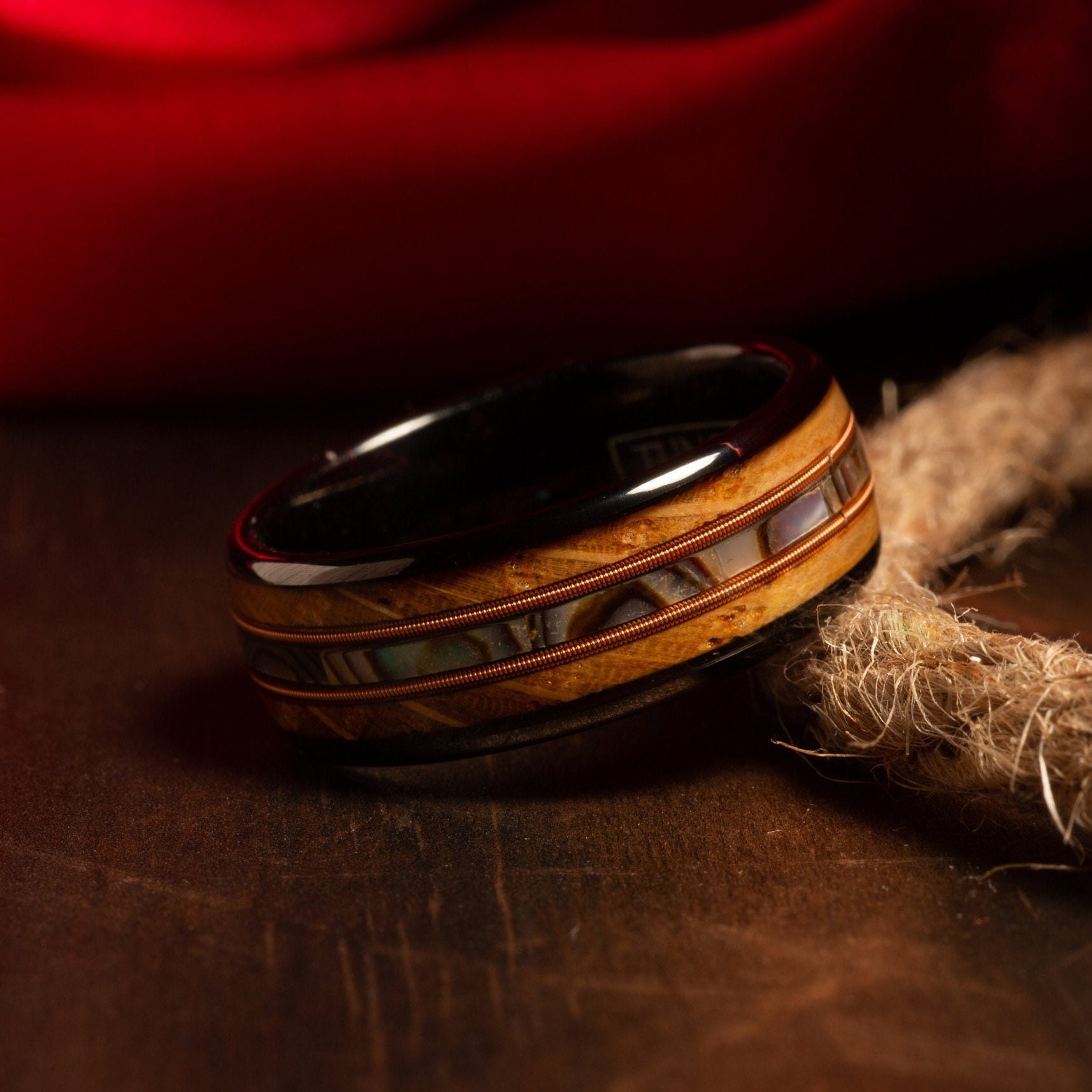 Abalone Shell, Guitar String, Whiskey Barrel Tungsten Mens Wedding Ring Guitarist mens wedding band Musician ring