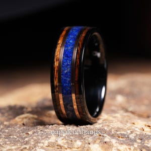 Charred Whiskey Barrel Ring with Lapis Lazuli, Lapis Wood Ring, Whiskey Barrel Band, Meteorite Black Tungsten Mens Wedding Band, Mens Ring