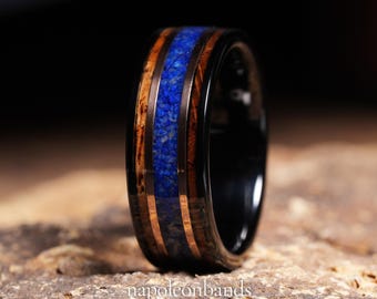 Charred Whiskey Barrel Ring with Lapis Lazuli, Lapis Wood Ring, Whiskey Barrel Band, Meteorite Black Tungsten Mens Wedding Band, Mens Ring