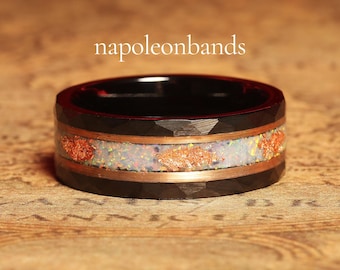 Anel de tungstênio com opala branca, anel de casamento em carboneto de tungstênio, aliança de casamento masculina preta, anel de opala pedra de nascimento de outubro, presente de aniversário para ele, 8 mm