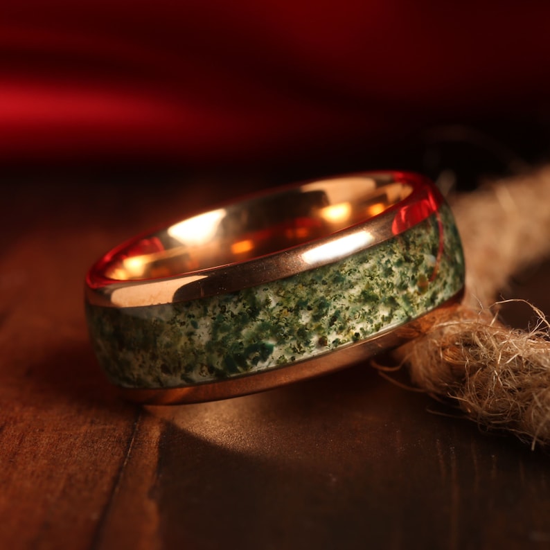 Green Moss Agate Ring Set His and Hers Wedding Band Rose Gold Ring Set Matching Nature Couples Promise Ring Unique Set 14K Rose Gold - Gaia bild 2