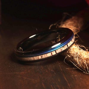Unique 4mm Black Tungsten Ring with Deer Antler and Blue Fishing Line Inlay Unique wedding band promise ring unique deer antler womens ring