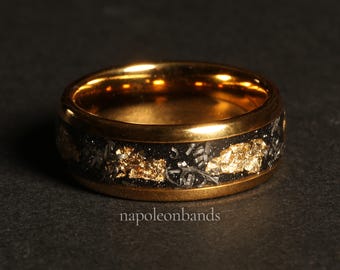 Meteorite Gold Leaf Flakes Wedding Band, Crushed Meteorite & Gold Ring, Mens Wedding Band, Tungsten Ring, Mens Ring, Promise Ring