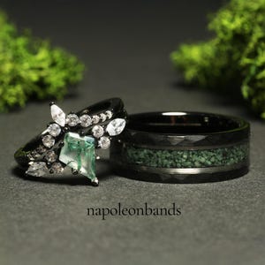 Green Moss Agate Ring Set, His and Hers Wedding Band, Black Ring Set, Matching Nature Couples Ring, Black Plated Tungsten and 925 Silver
