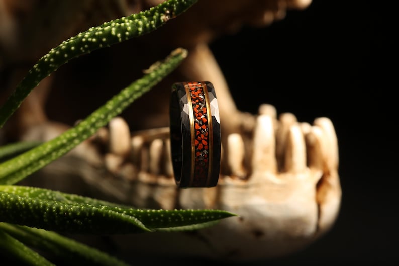 May include: A black ring with a faceted design, featuring a central band of red and gold accents. The ring is set against a blurred background with a skull and green plant.