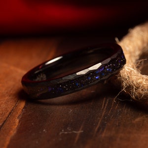 The Orion - Nebula Ring, Womens Wedding Ring, Black Tungsten Outer Space Ring, Sandstone Hammered Tungsten Ring Womens Wedding Band 4mm