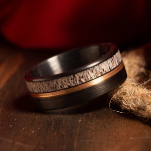 Deer Antler Black Brushed & Rose Gold Stripe Ring, Mens Wedding Ring, Black Tungsten Ring, Mens Wedding Band, Comfort Fit 8mm