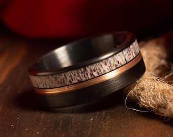 Anillo de asta de ciervo negro cepillado y franja de oro rosa, anillo de boda para hombre, anillo de tungsteno negro, alianza de boda para hombre, ajuste cómodo de 8 mm