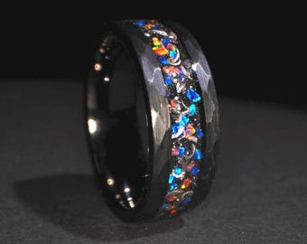 Meteorite & Galaxy Opal Hammered Black Tungsten Mens Ring, Mens Wedding Ring, Mens Wedding Band, Opal Ring, Ring for Men, 8mm Comfort Fit