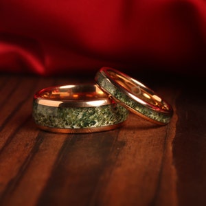 Green Moss Agate Ring Set His and Hers Wedding Band Rose Gold Ring Set Matching Nature Couples Promise Ring Unique Set 14K Rose Gold - Gaia