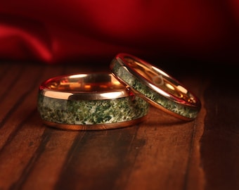 Green Moss Agate Ring Set His and Hers Wedding Band Rose Gold Ring Set Matching Nature Couples Promise Ring Unique Set 14K Rose Gold - Gaia