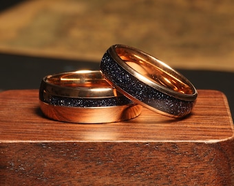 Juego de anillos de pareja de galaxia, juego de anillos de nebulosa de arenisca, juego de anillos de pareja de oro rosa, anillos de nebulosa de estilo orión de arenisca, banda de boda para él y para ella