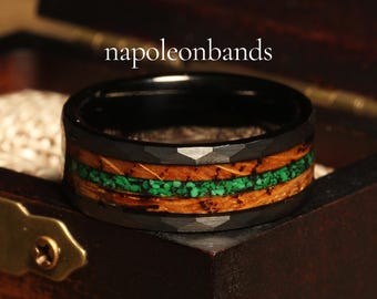 Burnt Whiskey Barrel and Malachite Wedding Ring, Malachite Ring, Men&#39;s Ring, Men&#39;s Wedding Band, Wedding Ring Men, Men&#39;s Wedding Ring Green