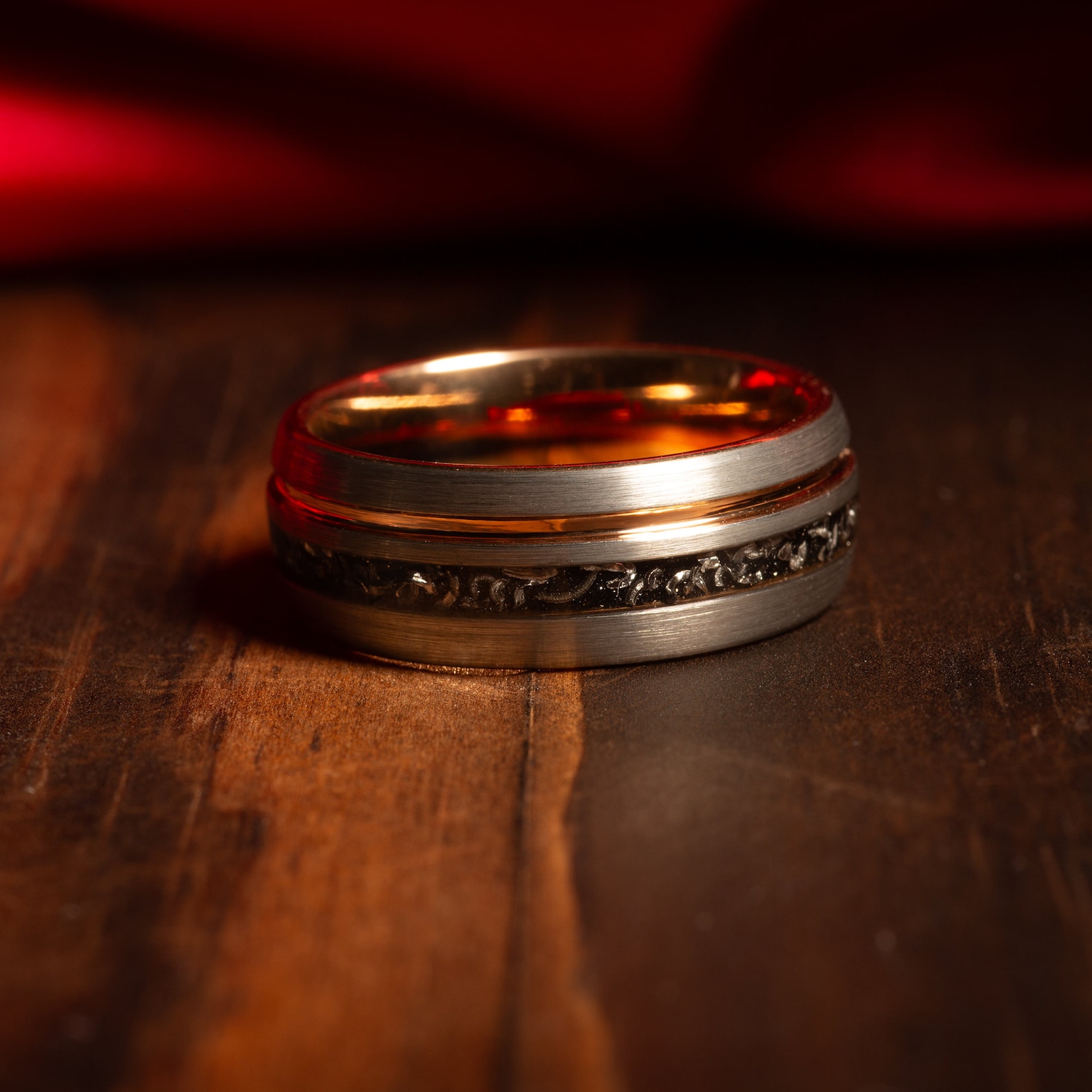 The Badass - Rose Gold Stripe Ring, Meteorite Wedding Ring, Brushed