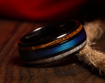 Deer Antler, Whiskey Barrel Wood & Fishing Line Mens Wedding Ring Black Tungsten, Mens Wooden Wedding Band, Antler Ring, Comfort Fit 8mm