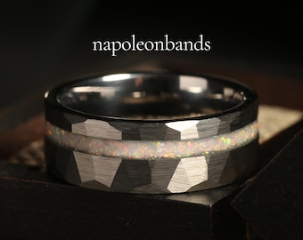 Anillo de ópalo blanco de fuego, alianza de boda, plata martillada, tungsteno, alianza de boda para hombre, anillo de ópalo para hombre, anillos de 8 mm, ajuste cómodo
