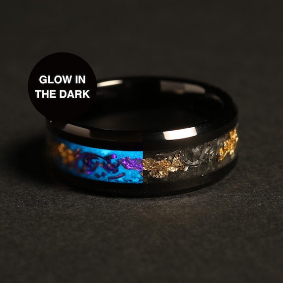 Meteorite ring mens wedding band, mens engagement ring, glow in the dark, tungsten ring beveled edge ring men wedding band glow ring gold