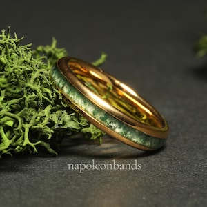 Yellow Gold 4mm Moss Agate Ring Polish Tungsten Wedding Ring 8mm 6mm Moss Agate Matching Ring Mens Ring Men & Women Couple Rings Matching