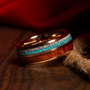 Mens Turquoise Wedding Band Tungsten Rose Gold Wedding Band Deer Antler Mens Tungsten Ring Wood Wedding Ring Mens Ring Anniversary Gift