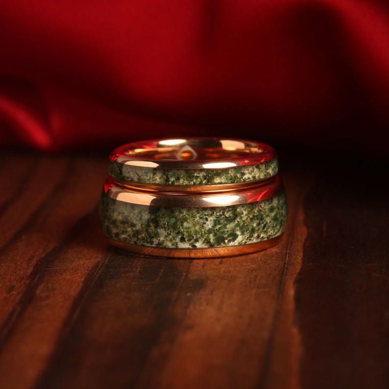 Green Moss Agate Ring Set His and Hers Wedding Band Rose Gold Ring Set Matching Nature Couples Promise Ring Unique Set 14K Rose Gold - Gaia bild 1