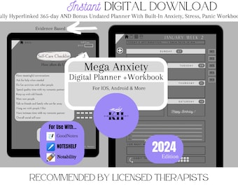 Digital Anxiety Planner + Stress Relief Habit Tracker Self Care Work Book And CBT Therapy Journal For Goodnotes Ipad + Android Dark Mode