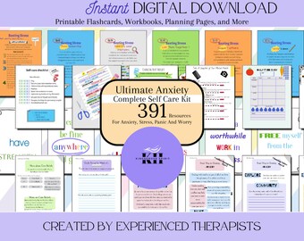 Therapy Worksheets CBT Ultimate Self Care Bundle For Anxiety Stress Worry Panic | Printable Journal Pages Mood Trackers Prompts And More