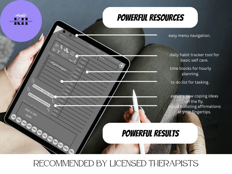 K&ouml;nnte beinhalten: Eine digitale Planer-App auf einem Tablet mit einem Stift. Die App bietet einen t&auml;glichen Gewohnheitstracker, Zeitbl&ouml;cke f&uuml;r die st&uuml;ndliche Planung, eine To-Do-Liste und einen Bereich f&uuml;r zuf&auml;llige Bew&auml;ltigungsstrategien und Affirmationen. Der Text "STARKE RESSOURCEN" und "STARKE ERGEBNISSE" wird auf dem Bildschirm angezeigt.