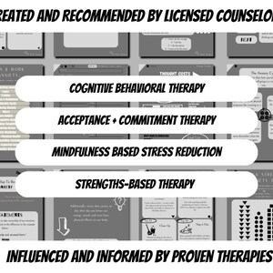 K&ouml;nnte beinhalten: Schwarzwei&szlig;es Bild eines Arbeitsbuches mit dem Titel "Lernen und Arbeiten an Angst." Das Arbeitsbuch enth&auml;lt verschiedene Therapiemethoden, darunter Kognitive Verhaltenstherapie, Akzeptanz- und Commitment-Therapie, Achtsamkeitsbasierte Stressreduktion und St&auml;rkenbasierte Therapie. Das Arbeitsbuch wurde von lizenzierten Beratern erstellt und empfohlen und basiert auf bew&auml;hrten Therapien.