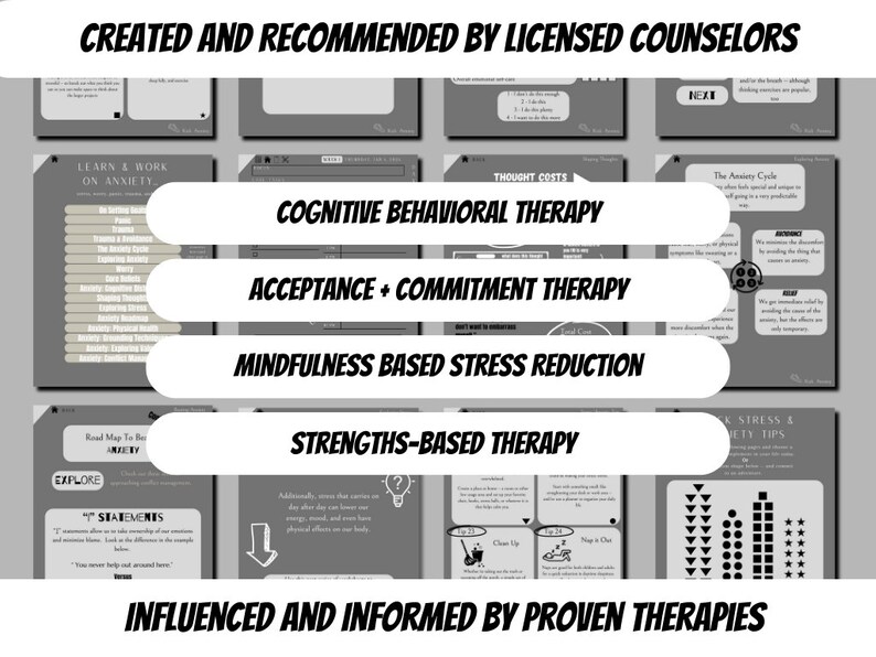 K&ouml;nnte beinhalten: Schwarzwei&szlig;es Bild eines Arbeitsbuches mit dem Titel "Lernen und Arbeiten an Angst." Das Arbeitsbuch enth&auml;lt verschiedene Therapiemethoden, darunter Kognitive Verhaltenstherapie, Akzeptanz- und Commitment-Therapie, Achtsamkeitsbasierte Stressreduktion und St&auml;rkenbasierte Therapie. Das Arbeitsbuch wurde von lizenzierten Beratern erstellt und empfohlen und basiert auf bew&auml;hrten Therapien.