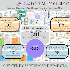 CBT Therapy Worksheets Complete Bundle For Anxiety Panic Stress Worry | Printable Mood Trackers Journals Prompts Flashcards And More