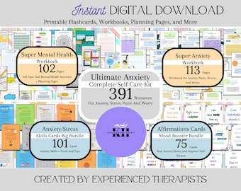 CBT Therapy Worksheets Complete Bundle For Anxiety Panic Stress Worry | Printable Mood Trackers Journals Prompts Flashcards And More