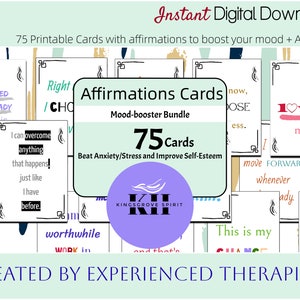 Tarjetas imprimibles de afirmaciones positivas para la ansiedad, el estrés, la depresión, el autocuidado, la terapia, la decoración de la oficina y las herramientas de salud mental.
