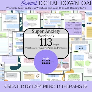 May include: A digital download of a workbook for anxiety, panic, and stress. The workbook has 113 pages and is created by experienced therapists. The cover features a collage of pages from the workbook, with a purple circle in the center that says "Super Anxiety Workbook 113 Pages".