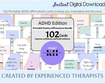May include: A set of 102 printable affirmation cards designed for people with ADHD. The cards are in a pastel color scheme with a purple circle in the center that says "Kingsgrove Spirit". The text on the cards is in black and white. The cards are designed to help people with ADHD improve confidence and build resiliency.