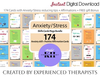 Anxiety Coping Skills Flashcard Mega Bundle Therapy Resources Tools Affirmations Stress Relief Strategy Psychologist Tools Office and Decor