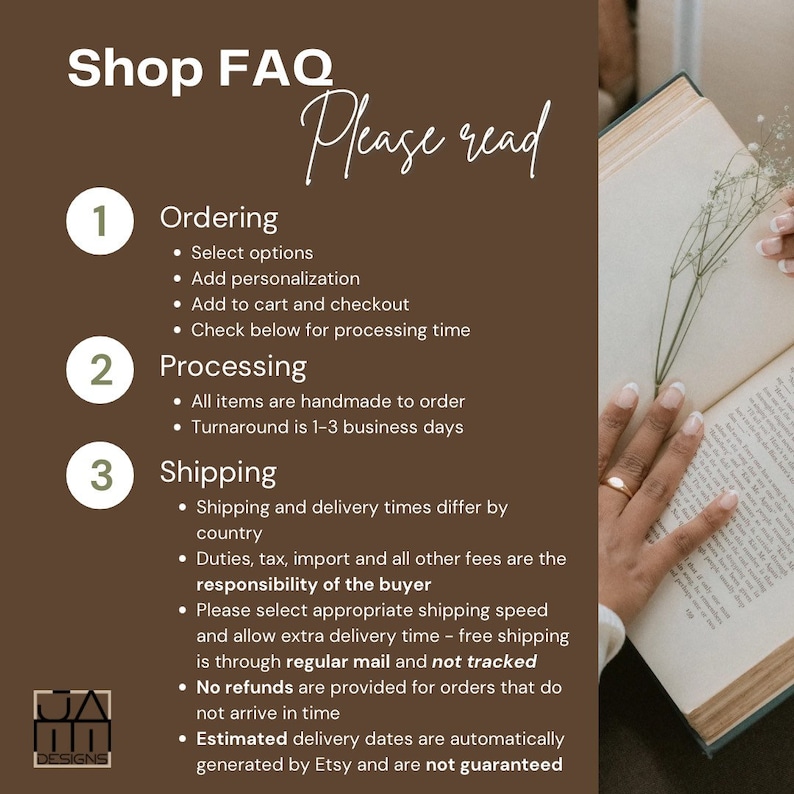 May include: Shop FAQ with three numbered sections: Ordering, Processing, and Shipping. Each section lists bullet points with details about the shop's policies. The text "Please read" is written in cursive above the numbered sections.