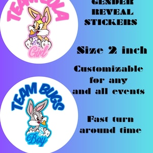 Op de afbeelding: Aangepaste stickers voor geslachtsonthulling. De stickers zijn 5 cm groot en tonen cartoonkonijnen. Eén sticker zegt "Team Lola Girl" en de andere "Team Bugs Boy". Aanpasbaar voor elk evenement.