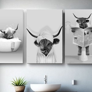 Highland cow set of 3 prints, instant download art, Digital Download, highland cow in Bathtub ,Funny Kids Bathroom Print, black and white