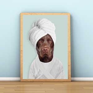 Custom Pet Portrait from photo , Dog having toothbrush, Pet in Toilet Print, Bathroom Art, Personalized gifts, Pet Gift, Pet Illustration