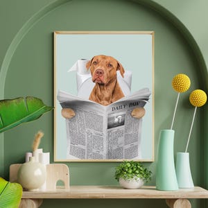 Custom Pet Portrait from photo , Dog Read News in Toilet, Pet in Toilet Print, Bathroom Art, Personalized gifts, Pet Gift, Pet Illustration